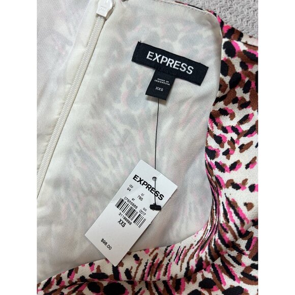 EXPRESS ABSTRACT ANIMAL LEOPARD PRINT‎ PUFF SLEEVE RUCHED HI-LO MIDI DRESS XXS - Picture 6 of 11
